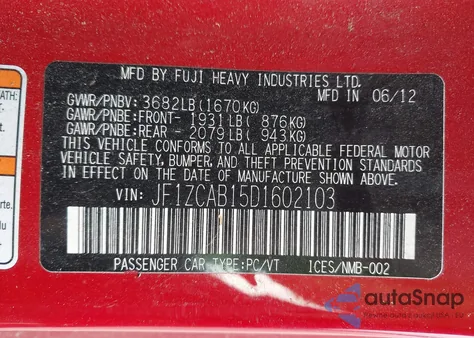 2013 Subaru Brz Premium из США, поврежденный, VIN JF1ZCAB15D1602103